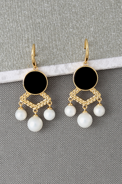 Black Onyx Gemstone Three-Drop Pearl Dangle Earrin