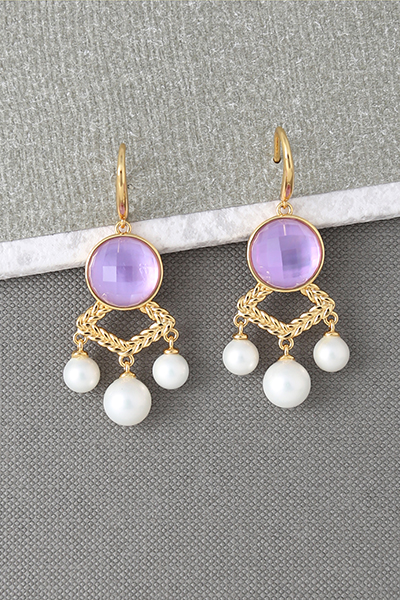 Glass-Gem Three-Drop Pearl Dangle Earring