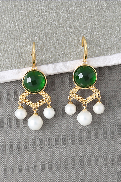 Glass-Gem Three-Drop Pearl Dangle Earring