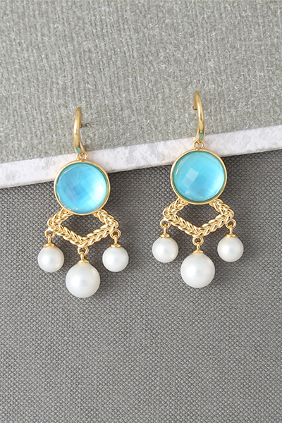 Glass-Gem Three-Drop Pearl Dangle Earring