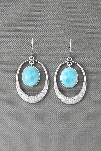 Open CZ-Paved Oval Ring Larimar Silver Hook Earrii