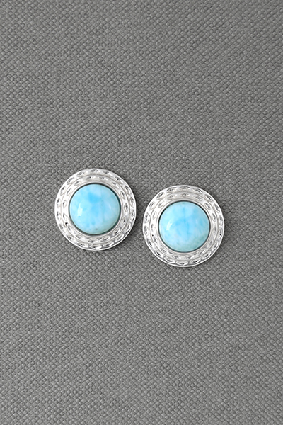 Engraved Round Larimar Silver Stud