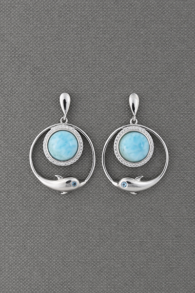 Larimar Ring-Of-Dolphin Silver Drop Earring