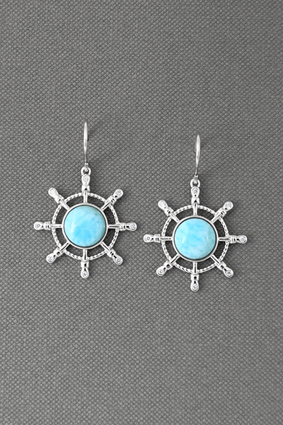 'Nautical Wheel' Larimar Silver Hook Earring