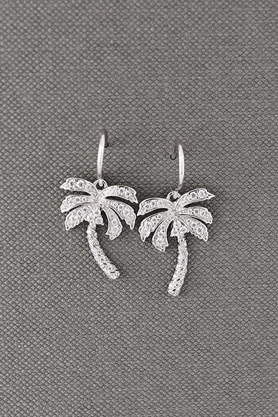 Beach Palm Tree CZ Silver Dangle Earring