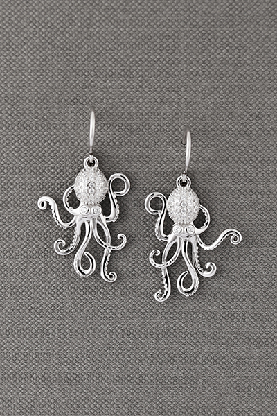 Octopus CZ Silver Hook Earrings