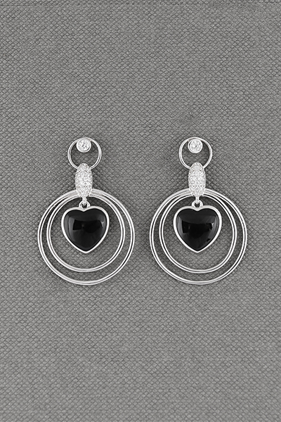 Silver Open Double-Circle Black Onyx Drop Earring