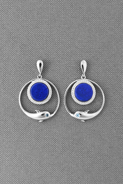 Genuine Lapis Ring-Of-Dolphin Drop Earring