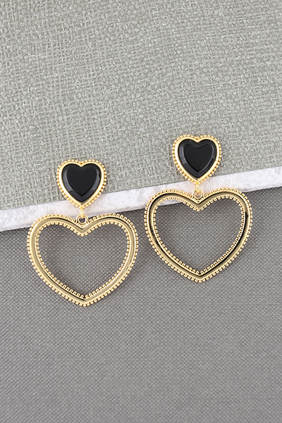 Open Heart Wave Drop Earring Black Onyx Stud