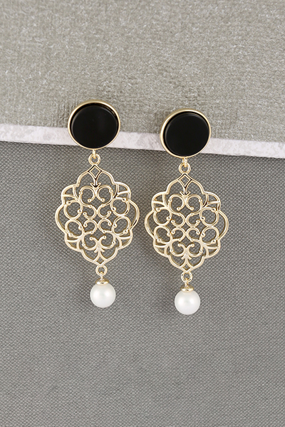 Filigree Design Pearly Drop Earring Glass Gem Stud