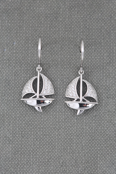 Delicated Sail Boat Silver CZ Earrings