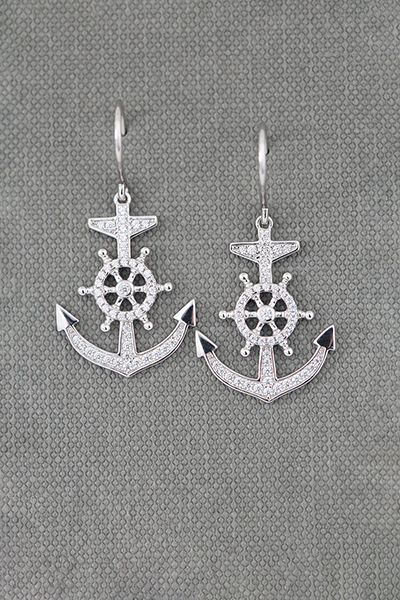 Nautical Anchor CZ-Paved Silver Dangle Earrings