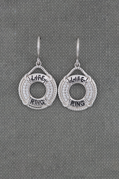 Life Ring CZ-Paved Silver Earrings