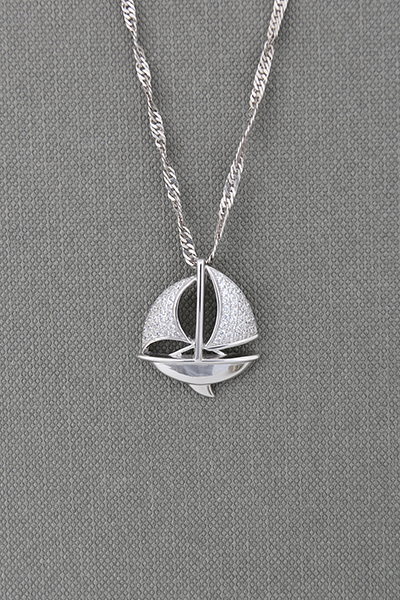 Sail Boat CZ-Paved Silver Pendant