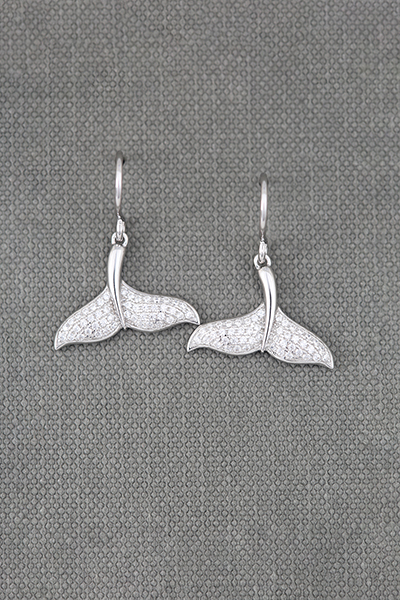 Whale Tale CZ-Paved Silver Earrings