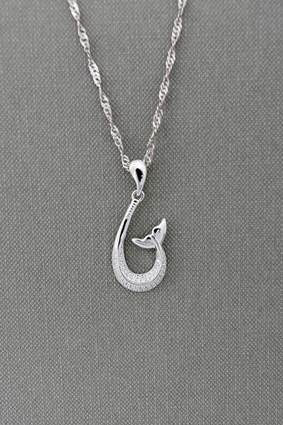 Fish Hook CZ-Paved Silver Pendant