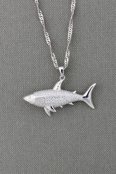 Shark CZ-Paved Silver Pendant