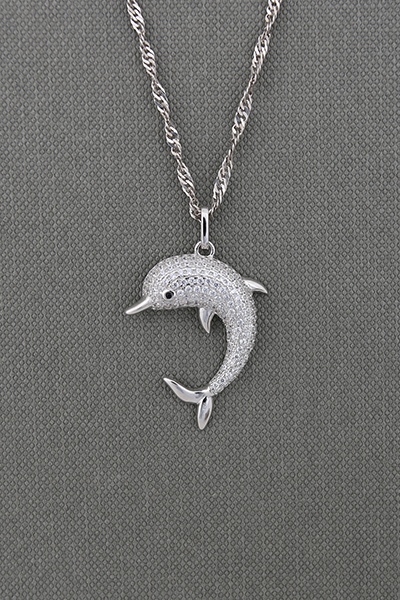 Jumping Dolphin CZ-Paved Silver Pendant