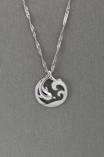 Playing Dolphin Over The Ocean Wave Silver Pendant