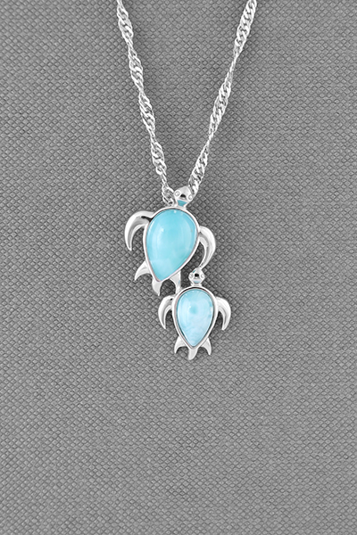 Turtle Mom And Baby Larimar-Inlaid Pendant