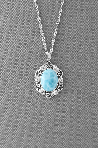 Vintage Larimar Filigreed Silver Pendant Chain