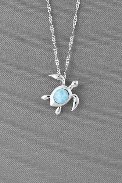 Cute Baby Ocean Turtle Silver Larimar Bead Pendant