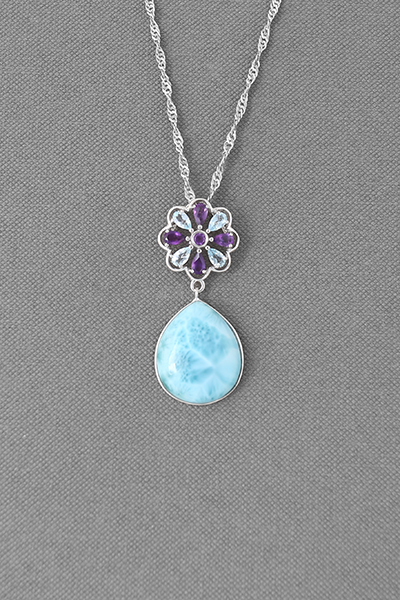 Multi-Gems Silver Larimar Teardrop Pendant Chain