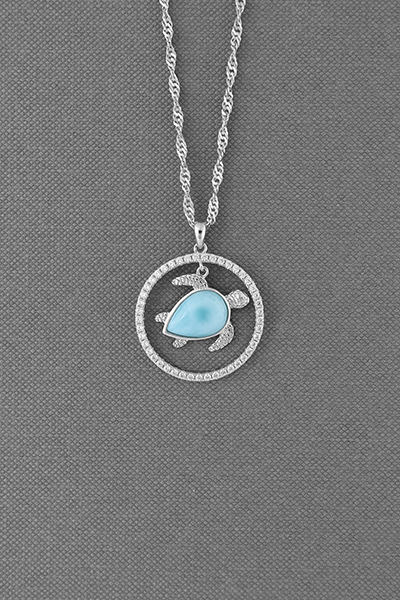 Open CZ Circle Turtle Drop Larimar Pendant Chain