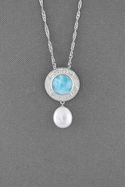 Larimar Engraved Pendant With Pearl Drop