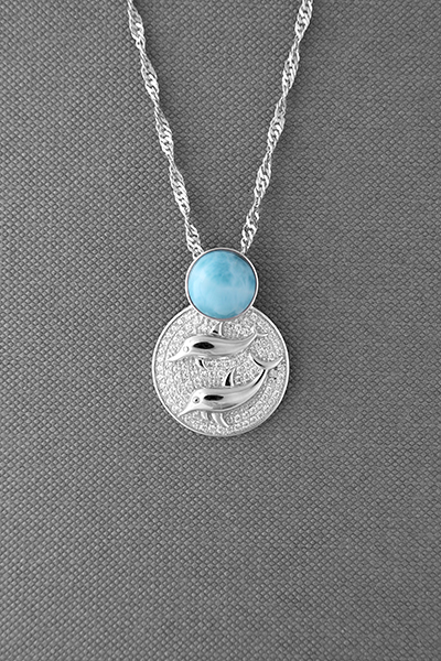 Playing Twin Dolphins Silver Larimar Pendant