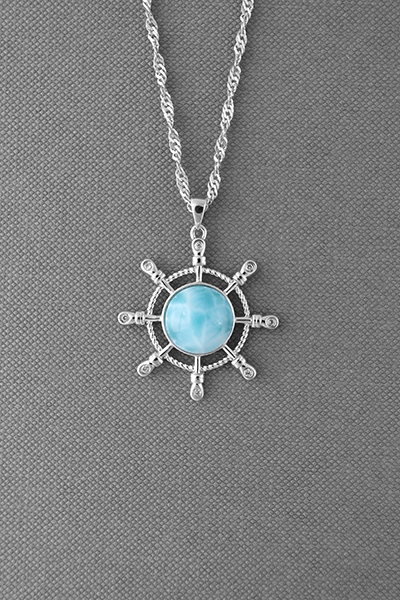 Boat's Wheel Larimar Silver Pendant Chain