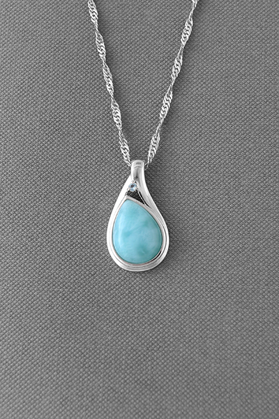 Teardrop Shape Larimar Silver Pendant Chain