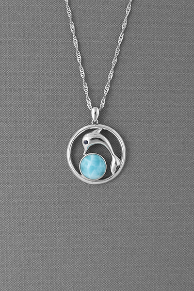 Open Circle Playing Dolphin Larimar Pendant