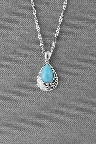 Dainty Filigreed Teardrop Larimar Silver Pendant