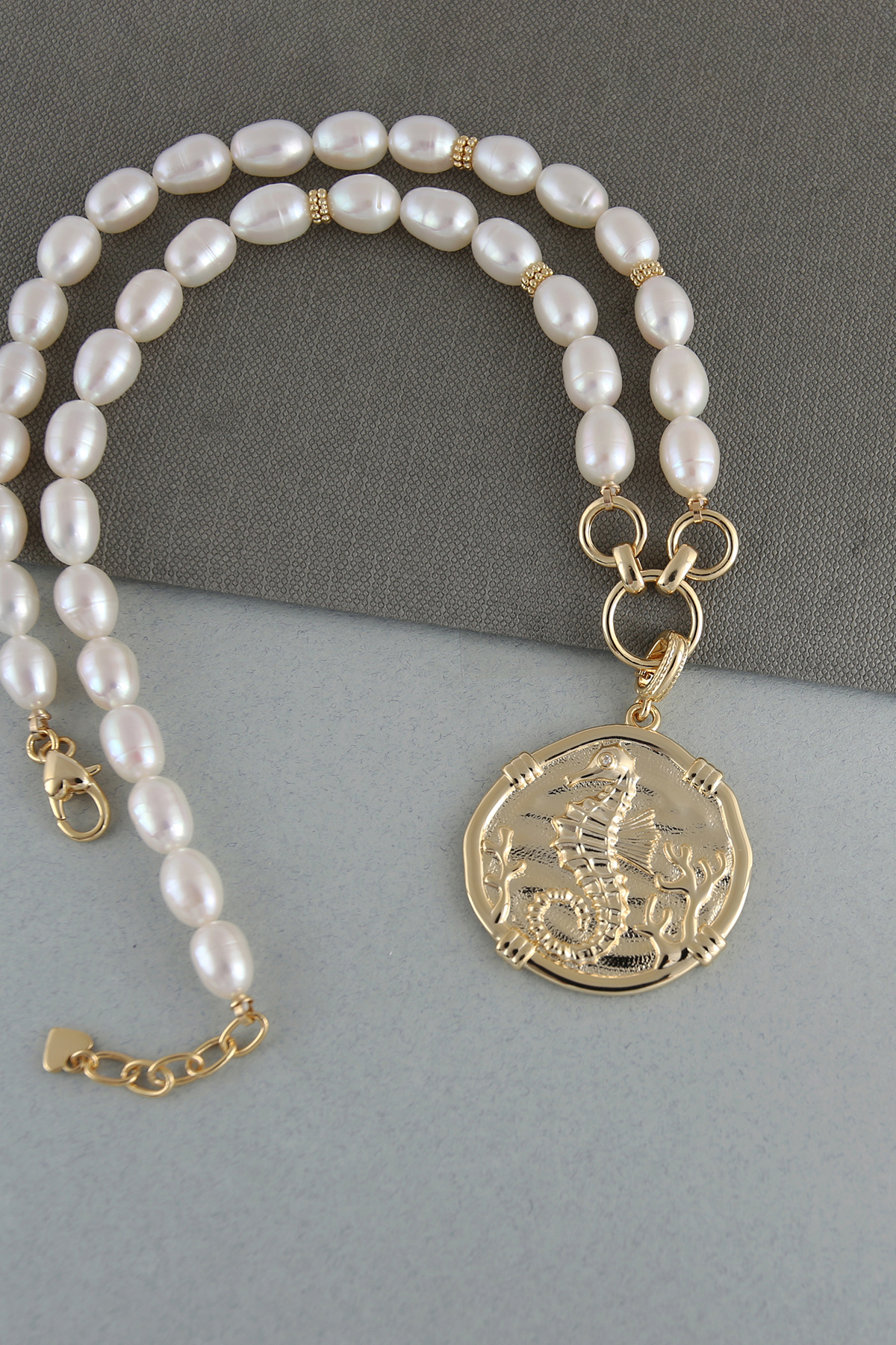 Pearl Necklace Seahorse Design Drop 18K YG Plate