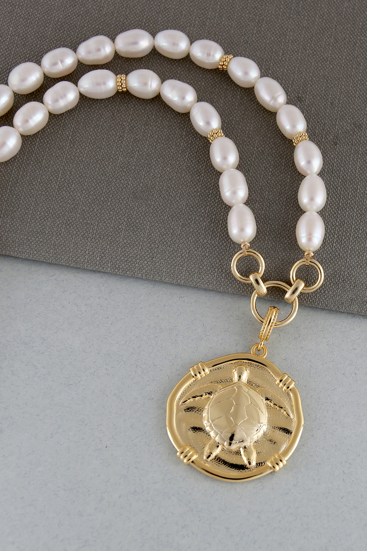 Pearl Necklace Ocean Turtle Disc Drop 18K YG Plate