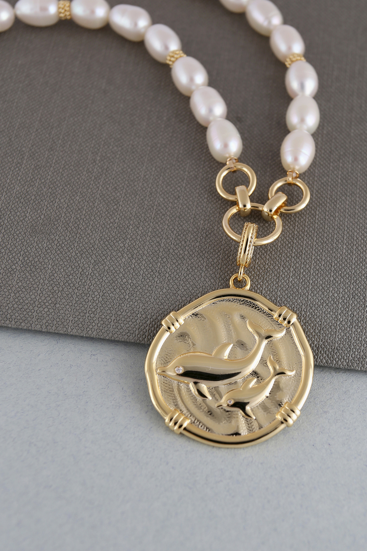 Pearl Necklace Twin Dolphin Disc Drop 18K YG Plate