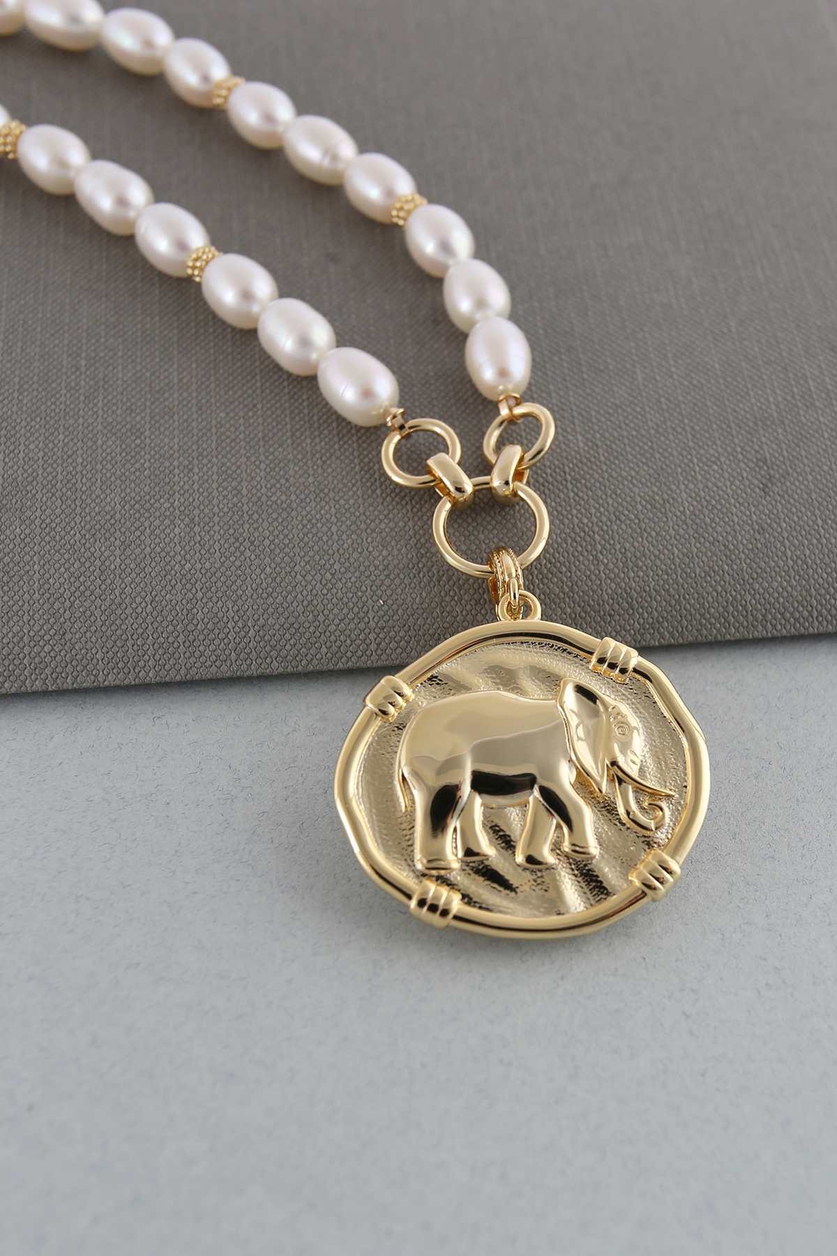 Pearl Necklace Elephant Disc Drop 18K YG Plate