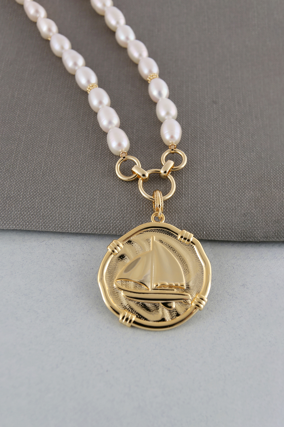 Pearl Necklace Sail Boat Disc Drop 18K YG Plate