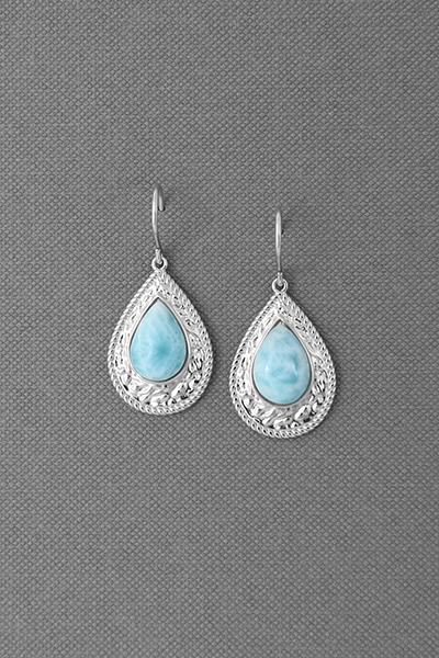 Wide Edge-Engraved Teardrop Larimar Silver Earring