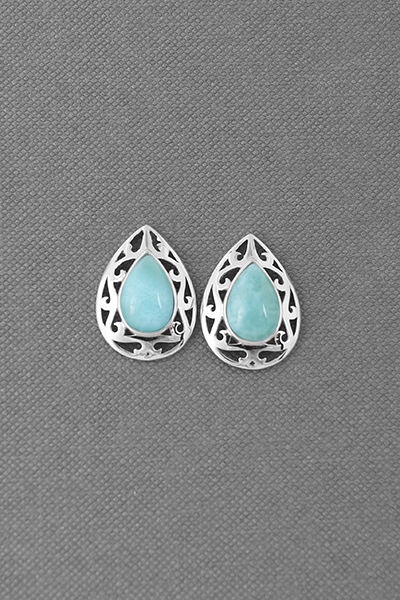 Filigreed Teardrop Larimar Silver Stud