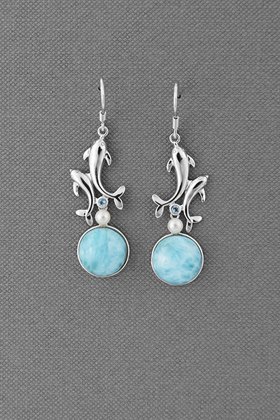 Twin Dolphin Drop Larimar Silver Dangle Earring