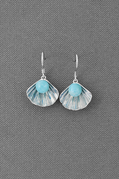 Scallop Shell Larimar Beads Silver Dangle Earring