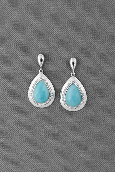 Wide-Edged Larimar Teardrop Silver Stud Earring