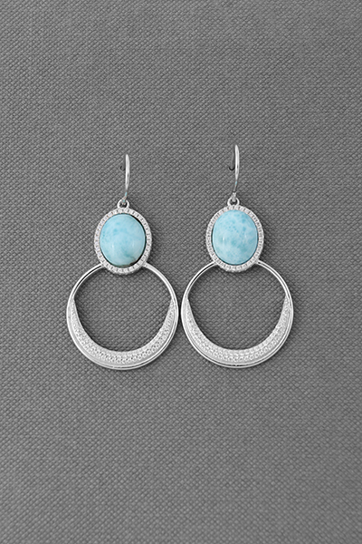 Big Open Circle Drop CZ-Framed Larimar Dangle Earr