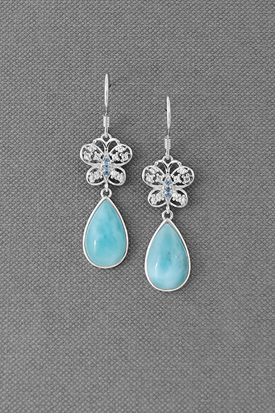 Filigreed Butterfly Larimar Teardrop Dangle Earrin