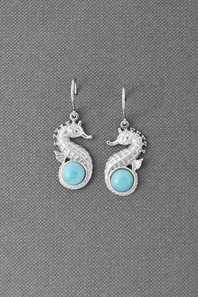 Seahorse Engraved Larimar Silver Hook Earring