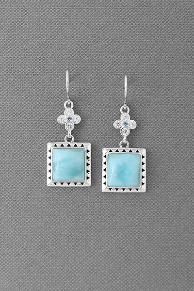 Edge-Engraved Square Drop Larimar Dangle Earring