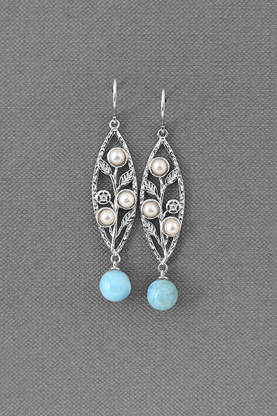 Linear Filigreed Larimar And Pearl Hook Earring