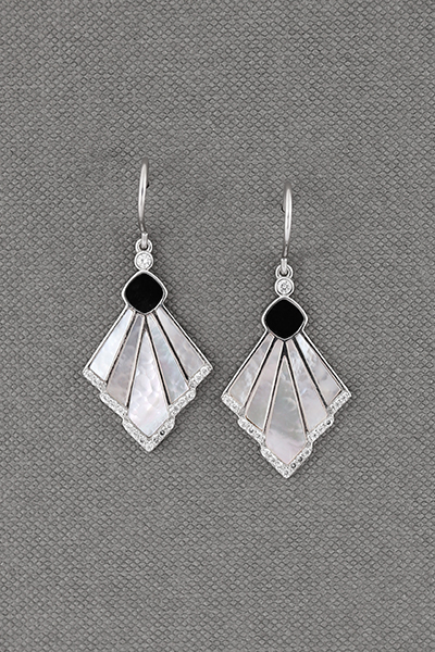 Elegant Silver Mop-Black Onyx Inlaid Hook Earring